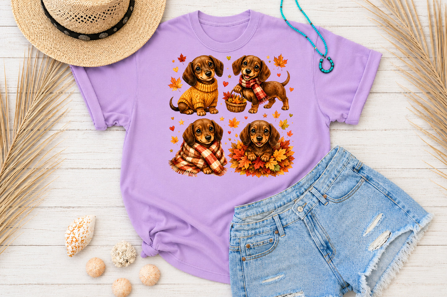 Cute Fall Dachshund Puppies PNG Autumn Dog Sweater Scarf Sublimation Design