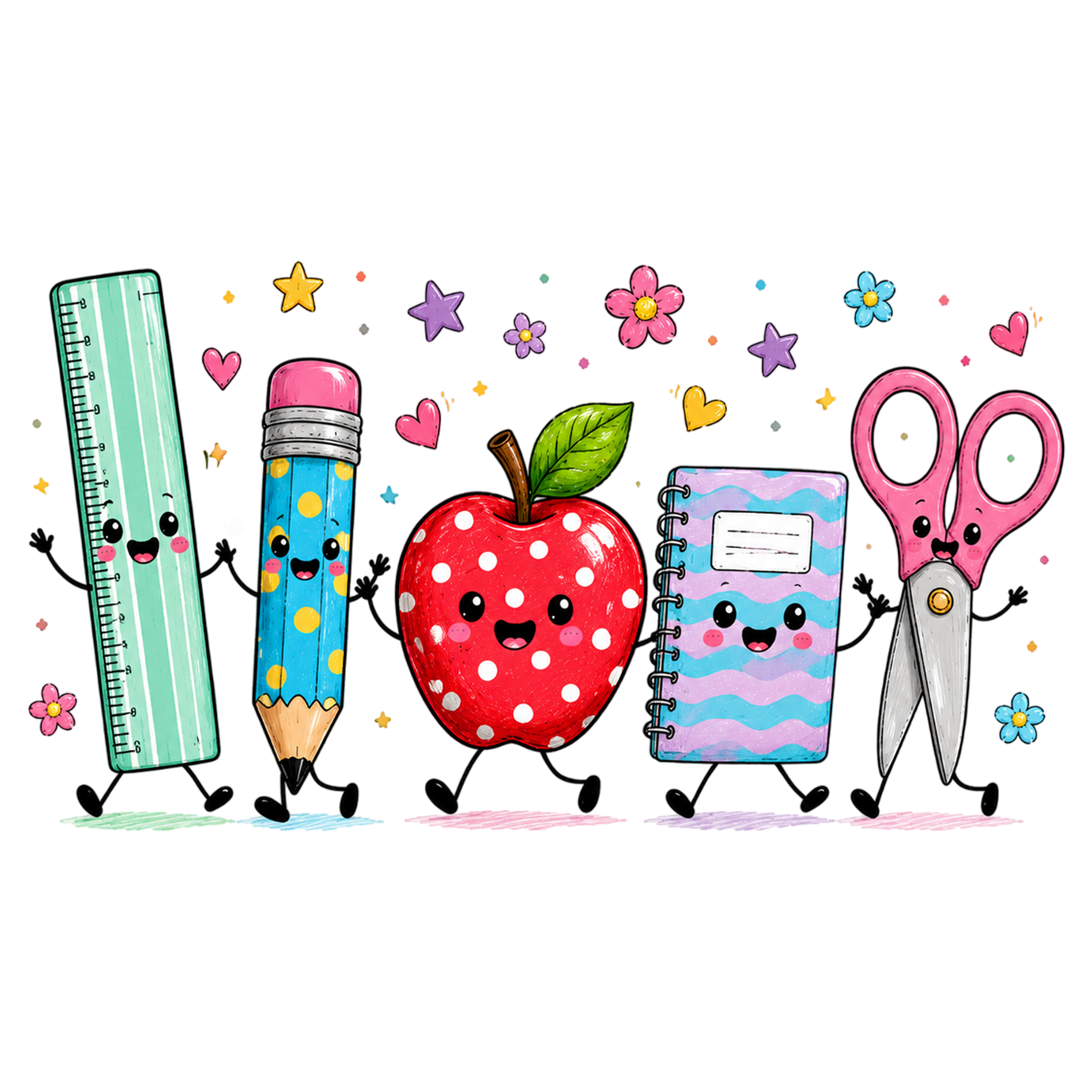 Back to School Friends PNG Cute School Supplies Apple Pencil Ruler