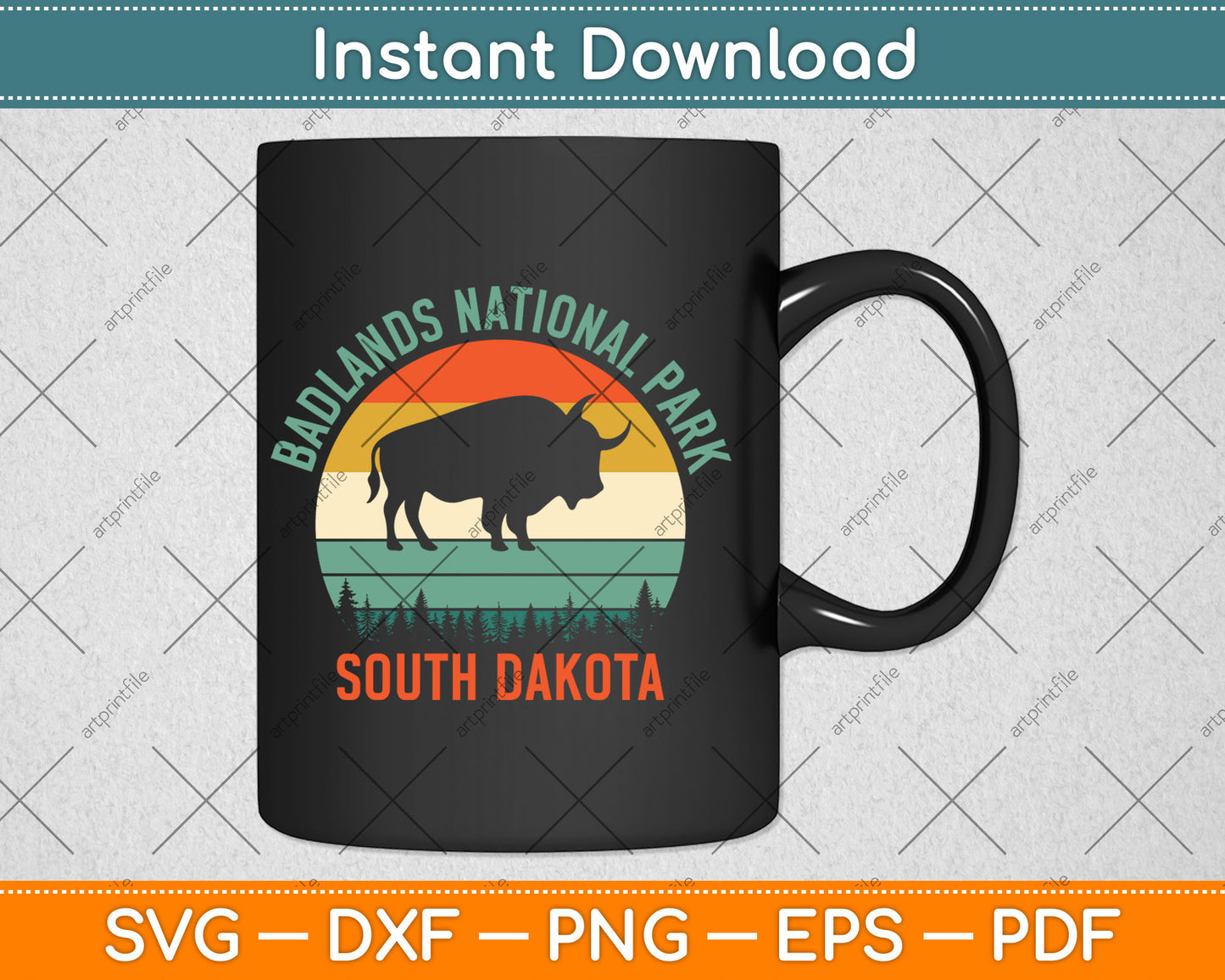 Badlands National Park South Dakota Buffalo Retro Sunset Svg Digital Cutting File