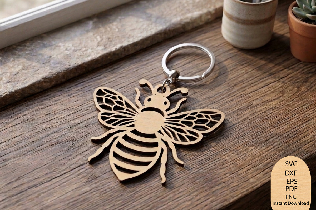 Bee Keychain Laser Cut SVG, Honey Bee Keychain Ornament Cut File