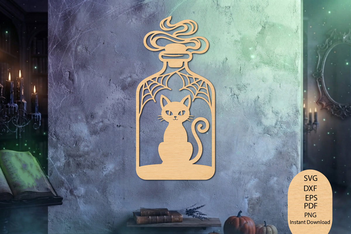 Black Cat Potion Bottle Halloween Laser Cut SVG, Witch Cauldron Cat Cut File
