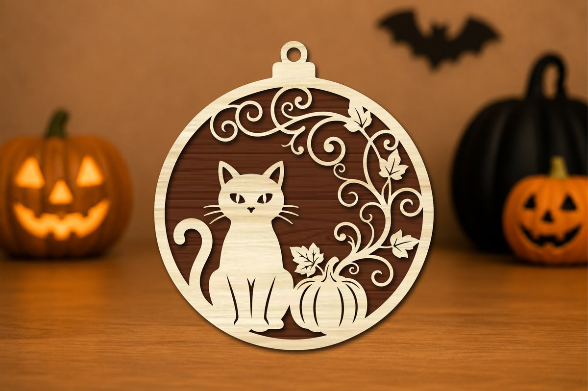 Black Cat Pumpkin Halloween Ornament Laser Cut SVG