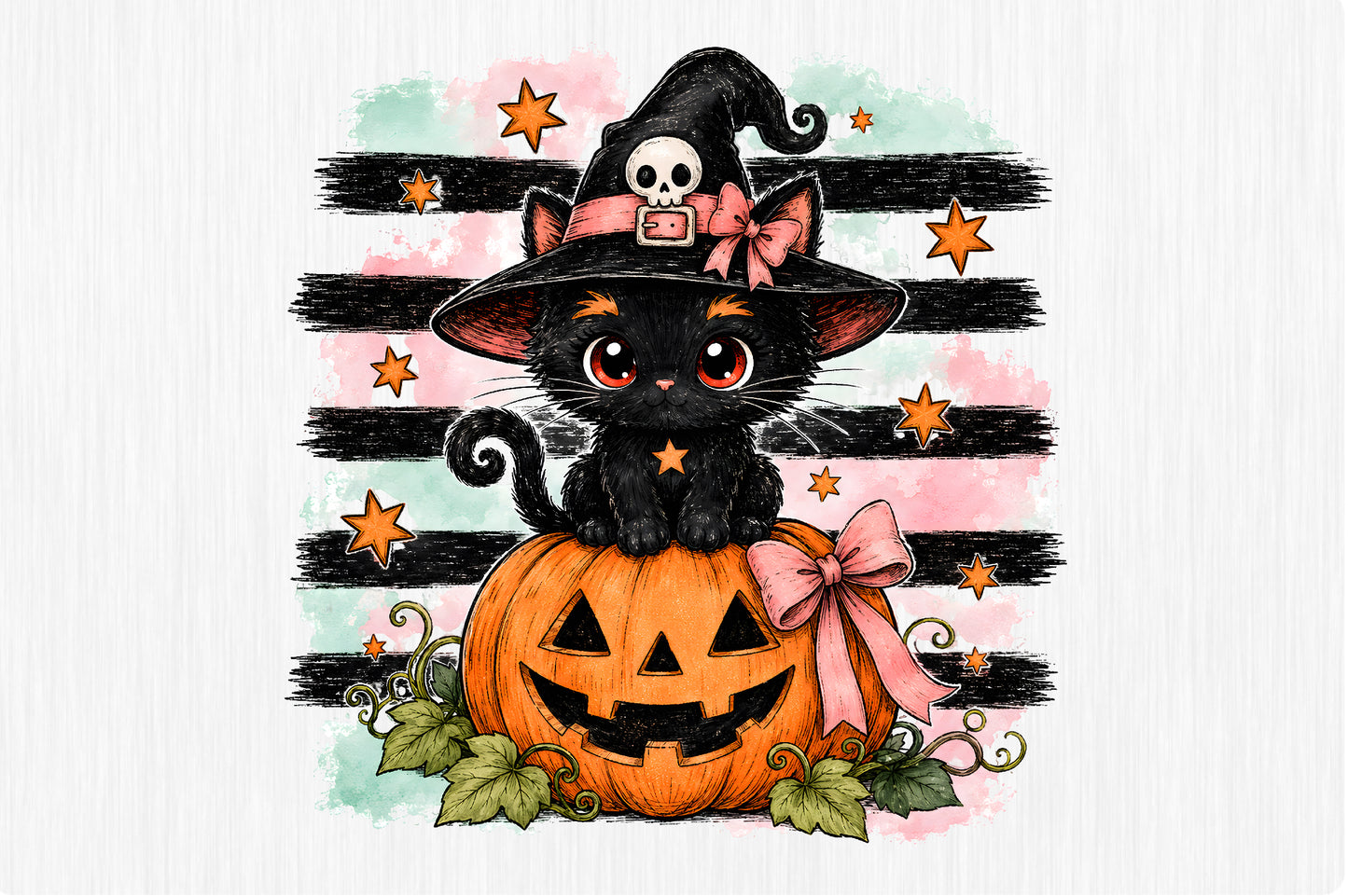Black Witch Cat Pumpkin Halloween PNG Cute Kawaii Spooky Sublimation Design