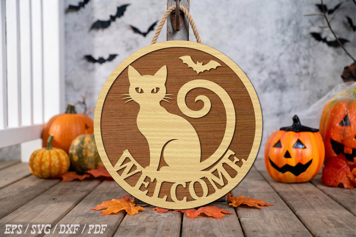 Halloween Cat Welcome Door Hanger SVG