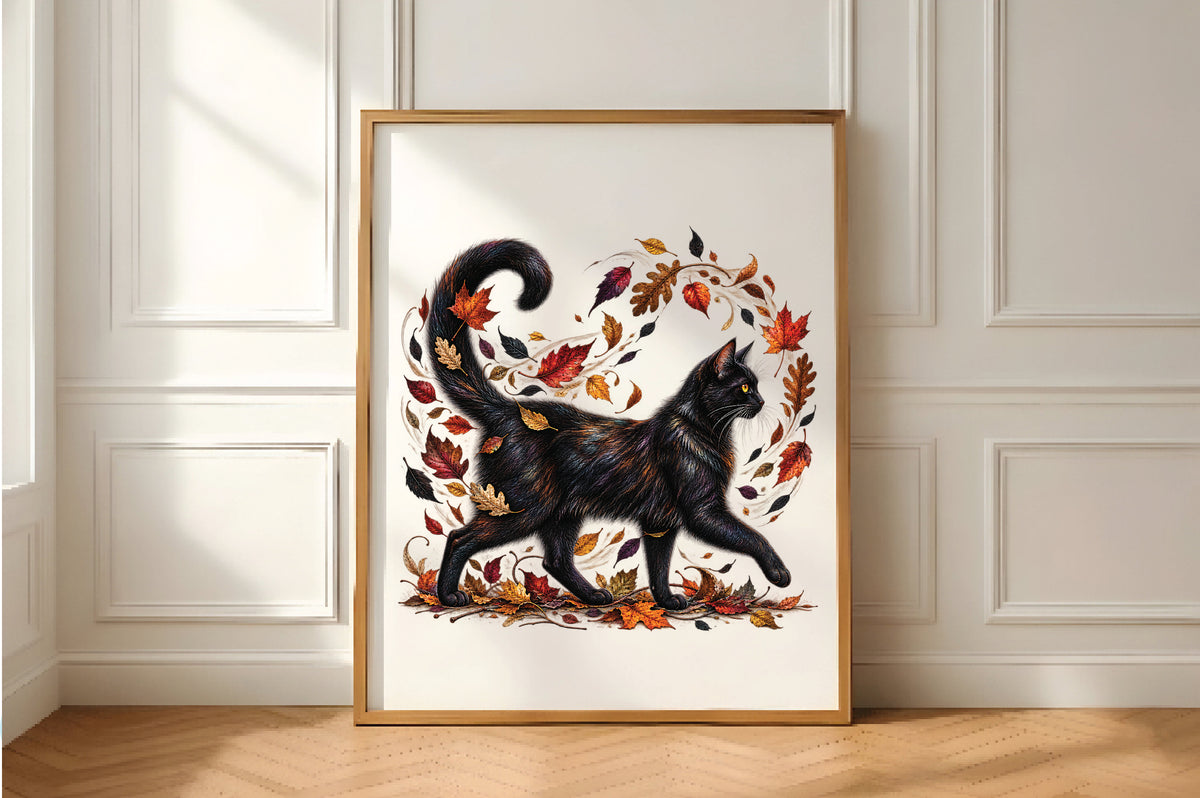 Black Cat Autumn Leaves PNG