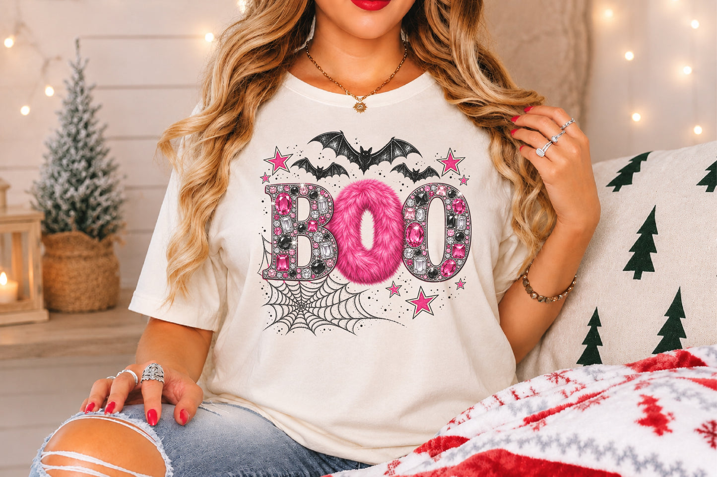 Boo Halloween Rhinestone PNG Pink Spider Bat Web Bling Sublimation