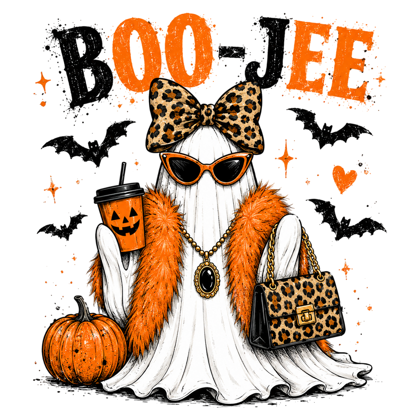 Boo Jee Leopard Ghost PNG | Funny Coquette Halloween Ghost with Leopard Bow & Purse | Spooky Fall Sublimation Design