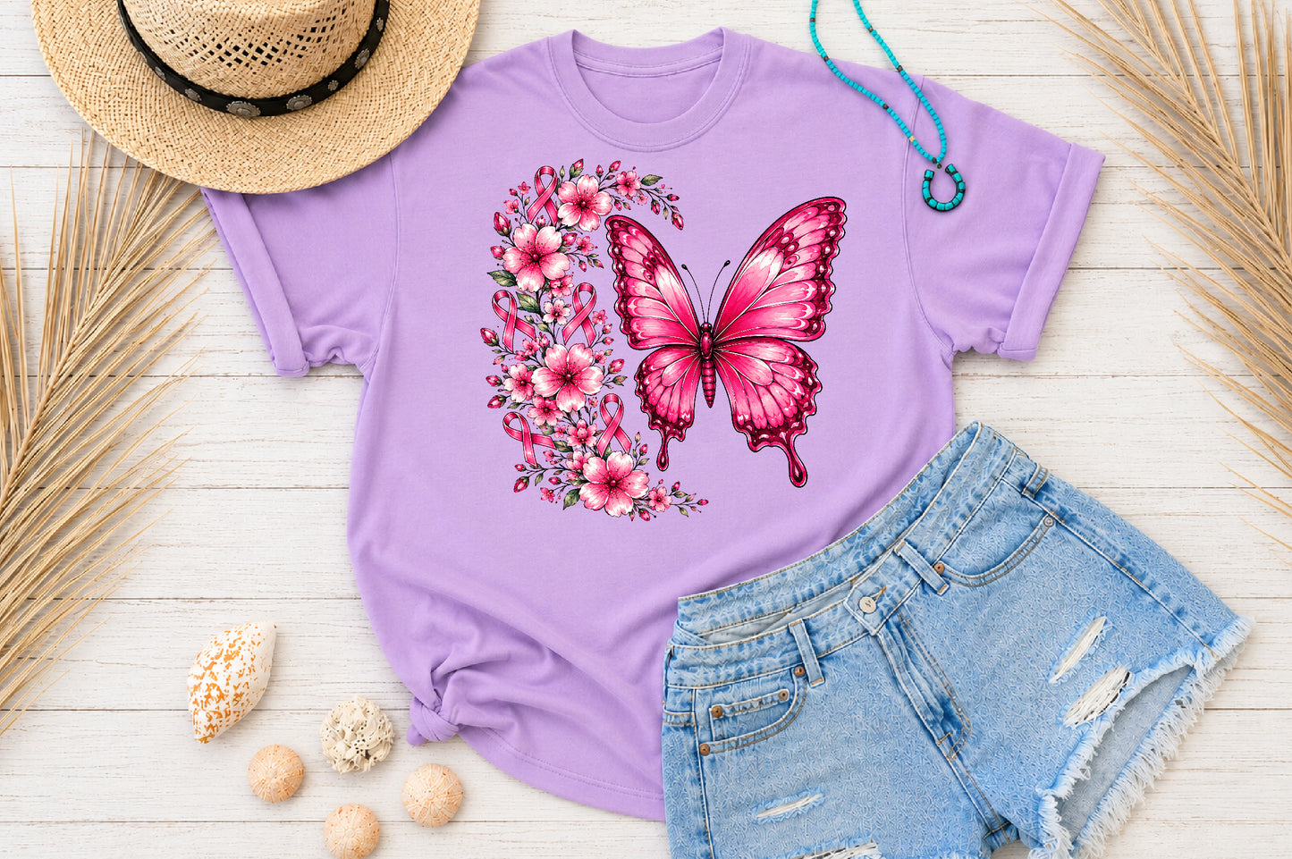 Breast Cancer Awareness Pink Butterfly PNG Floral Ribbon Design
