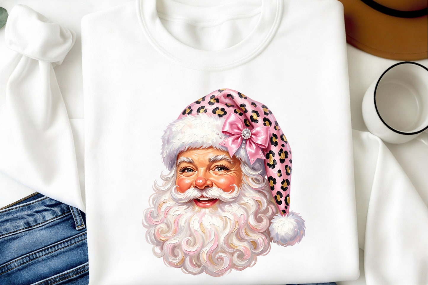 Pink Leopard Santa Claus PNG Cute Coquette Christmas Holiday Clipart