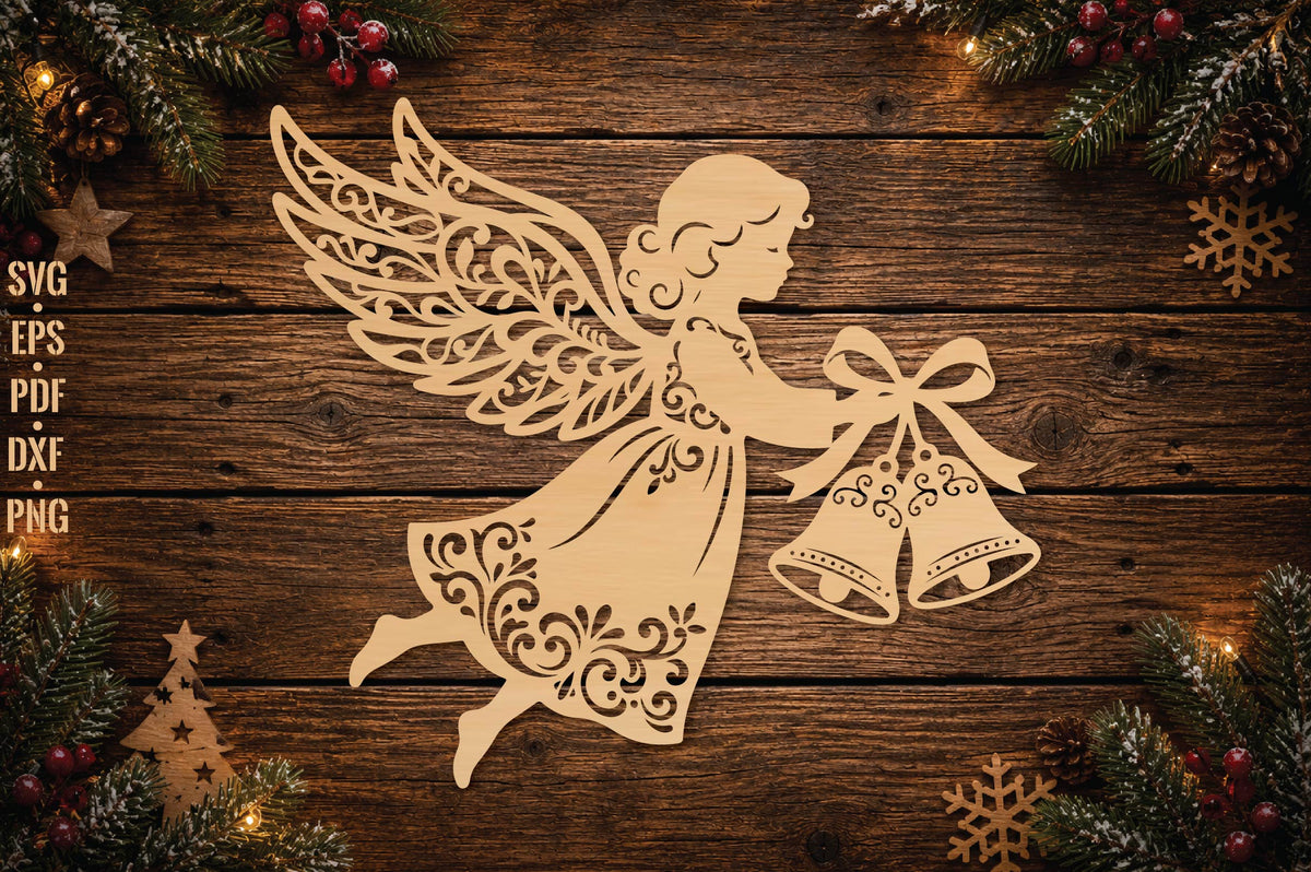 Christmas Angel Bells Laser Cut SVG, Angel Holding Bells Christmas Cut File, Holiday Ornament Decor