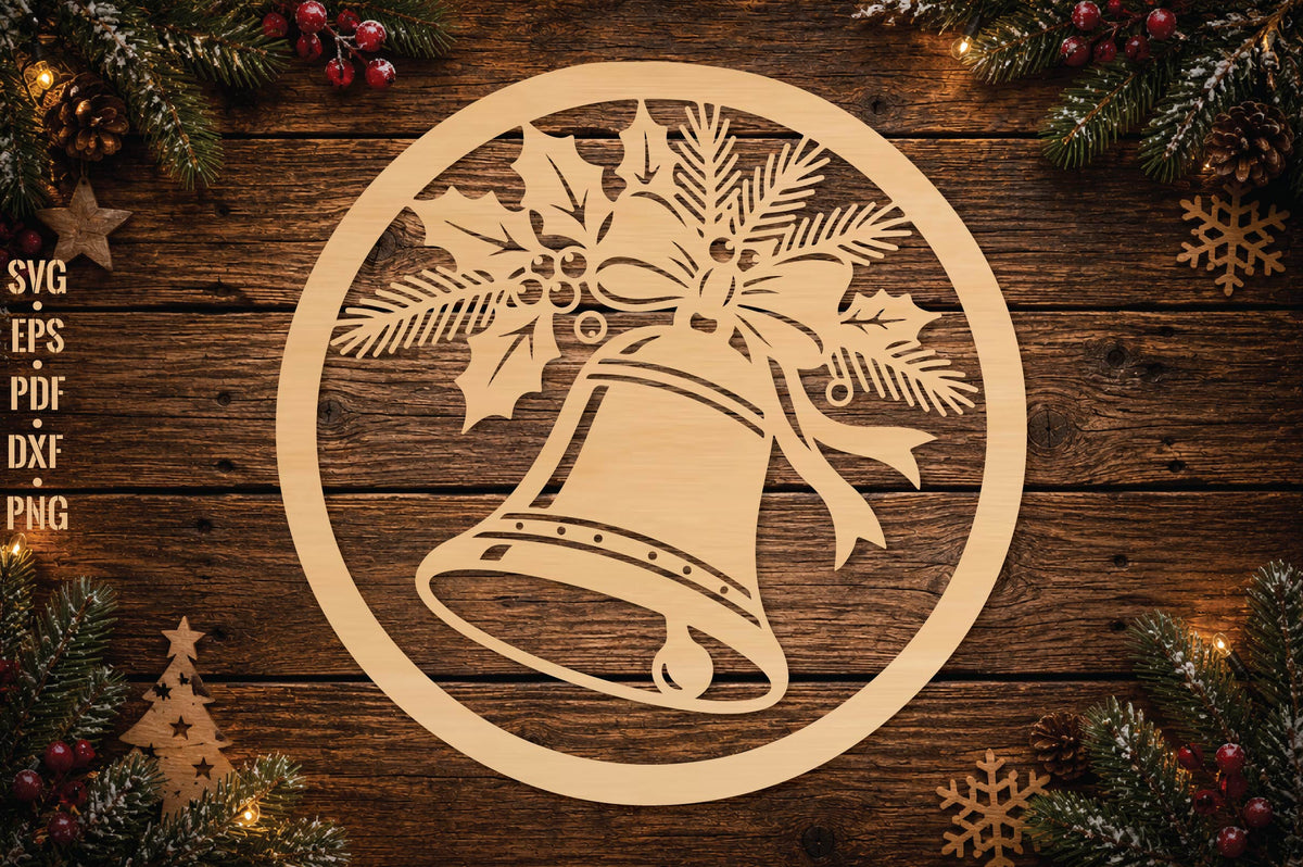 Christmas Bell Ornament Laser Cut SVG, Holly Bell Christmas Ornament Cut File