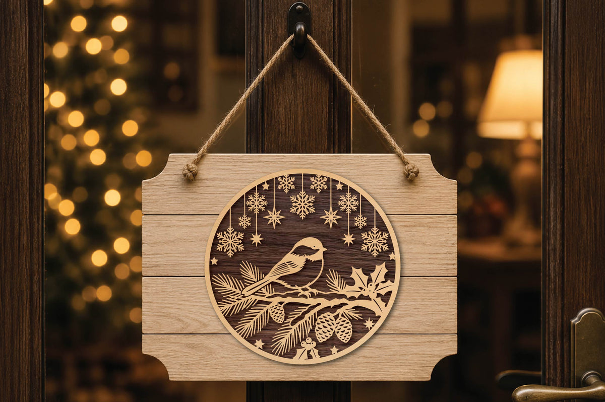 Christmas Bird on Pine Branch Laser Cut SVG, Winter Bird Ornament Cut File