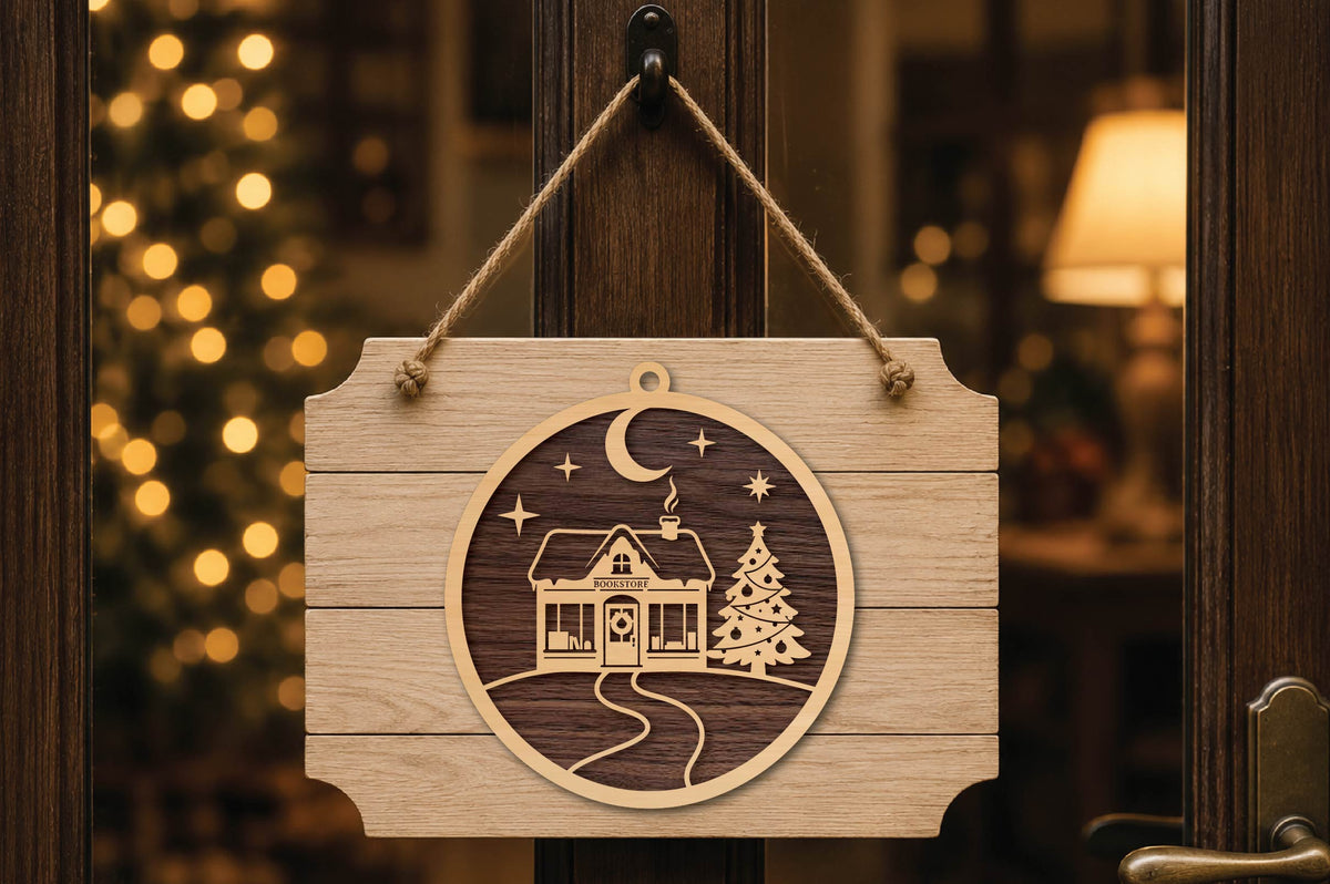 Christmas Bookstore Ornament Laser Cut SVG, Cozy Bookshop Christmas Ornament Cut File