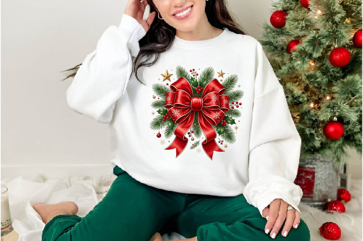 Christmas Bow Wreath PNG, Red Bow Holiday Wreath Sublimation Design, Christmas Holly Pine Branch PNG