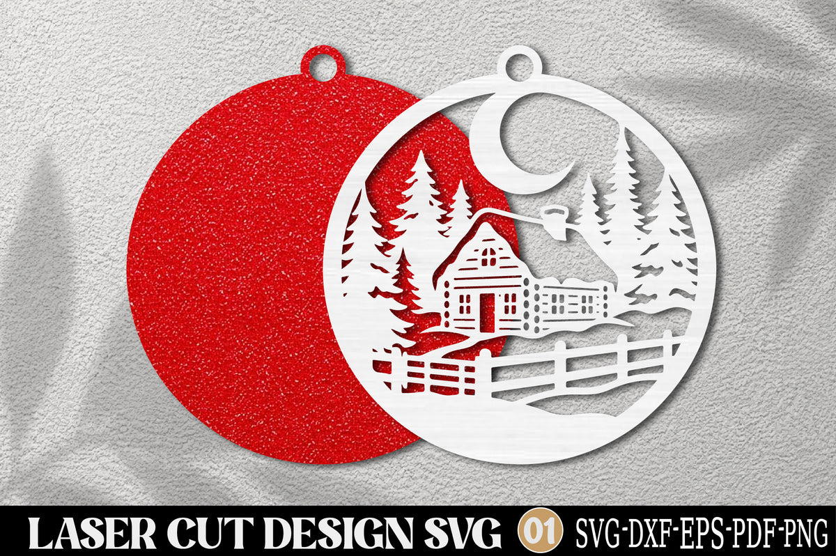 Christmas Cabin Forest Laser Cut SVG | Winter Cabin Christmas Ornament