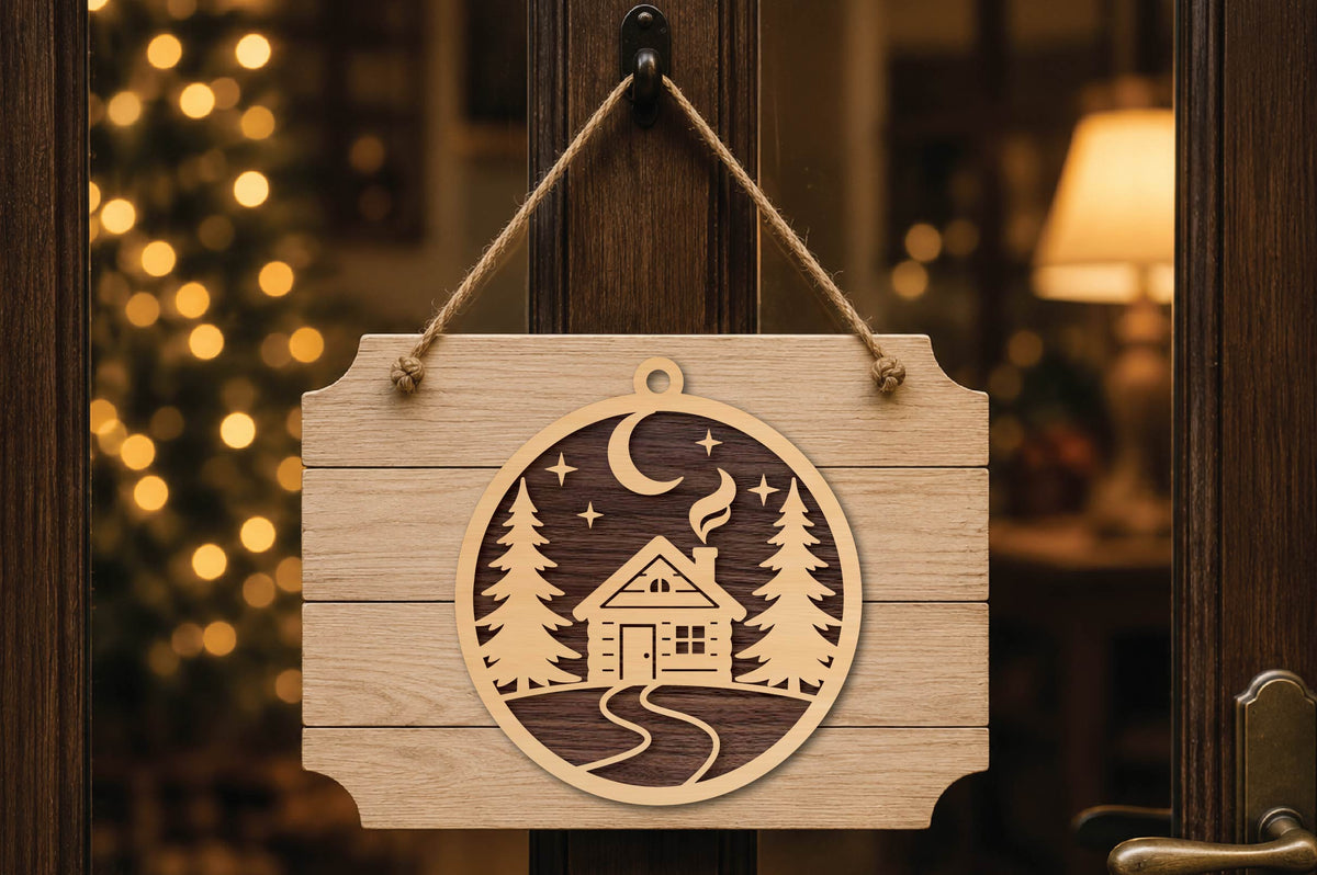 Christmas Cabin Ornament Laser Cut SVG, Cozy Winter Cabin Christmas Ornament Cut File