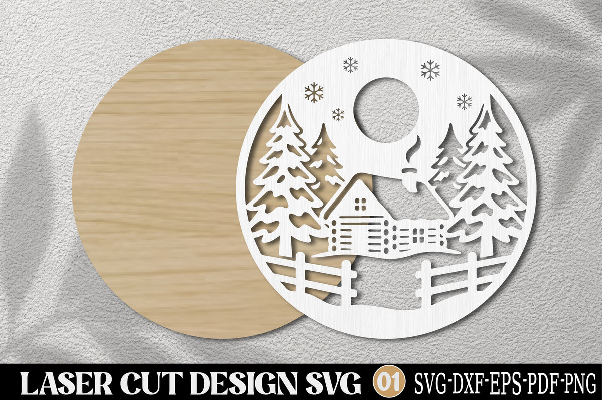 Christmas Cabin Scene Laser Cut SVG | Winter Forest Ornament
