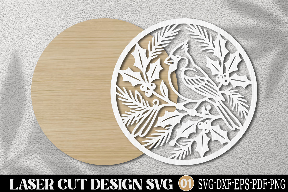 Christmas Cardinal Bird Laser Cut SVG | Winter Holly Ornament