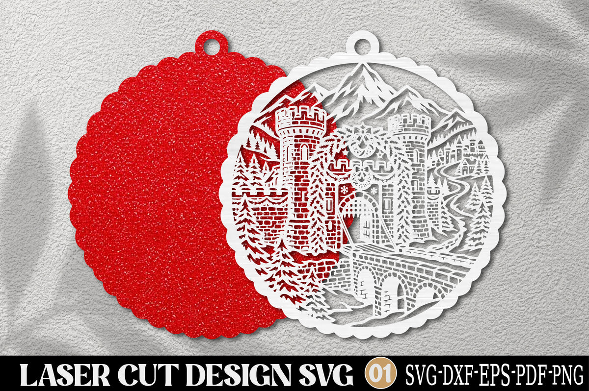 Christmas Castle Laser Cut Ornament SVG | Winter Castle Christmas Ornament Design