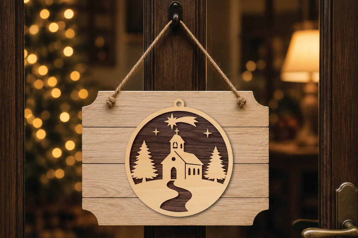 Christmas Church Ornament Laser Cut SVG, Nativity Church Christmas Ornament Cut File, Winter Church SVG