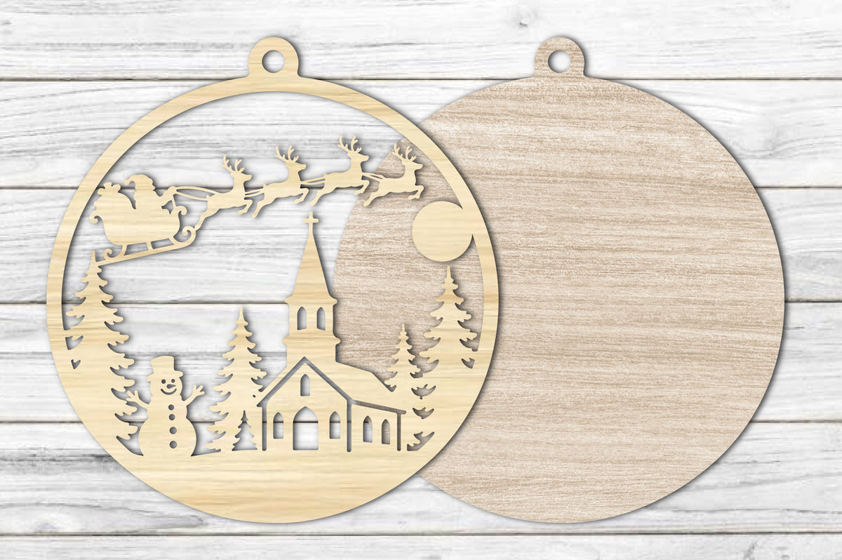 Christmas Church Snowman Ornament Laser Cut SVG | Santa Sleigh