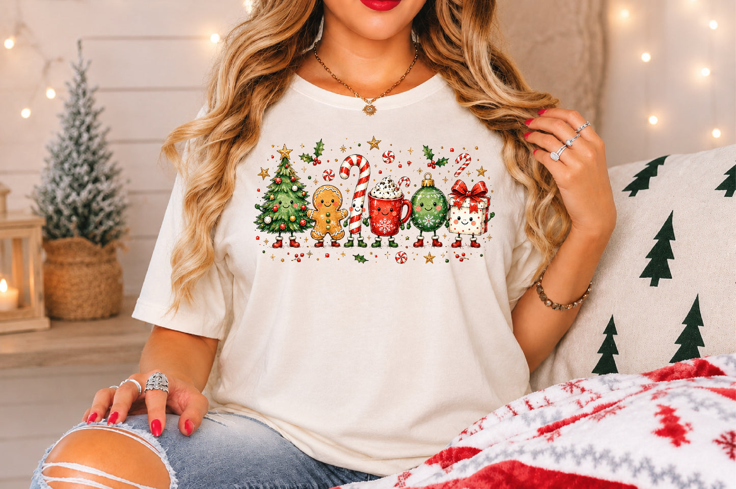Cute Christmas Doodle Characters PNG Tree Gingerbread Candy Cane Cocoa Ornament Gift Sublimation