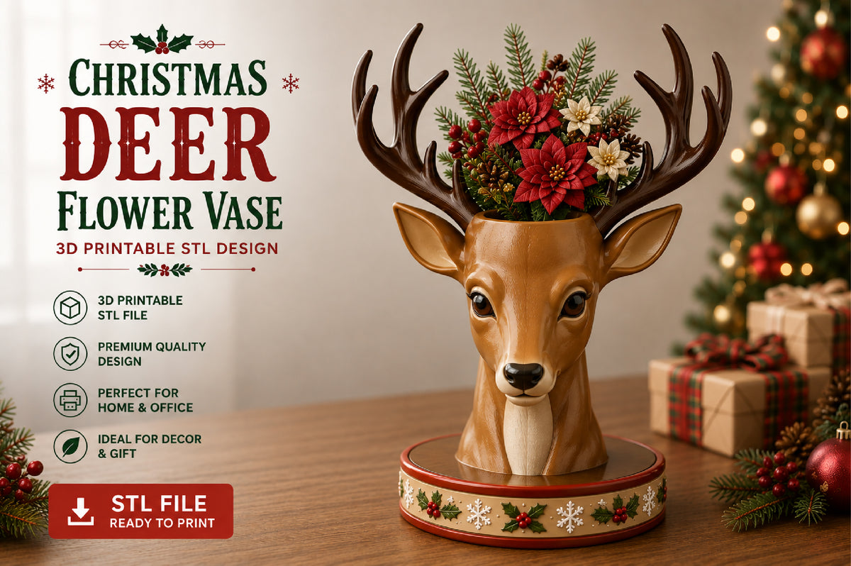 Christmas Deer Flower Vase 3D STL Design