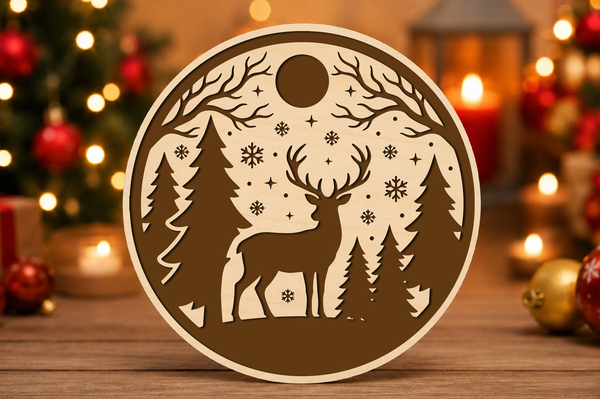 Christmas Deer Forest Round Sign SVG