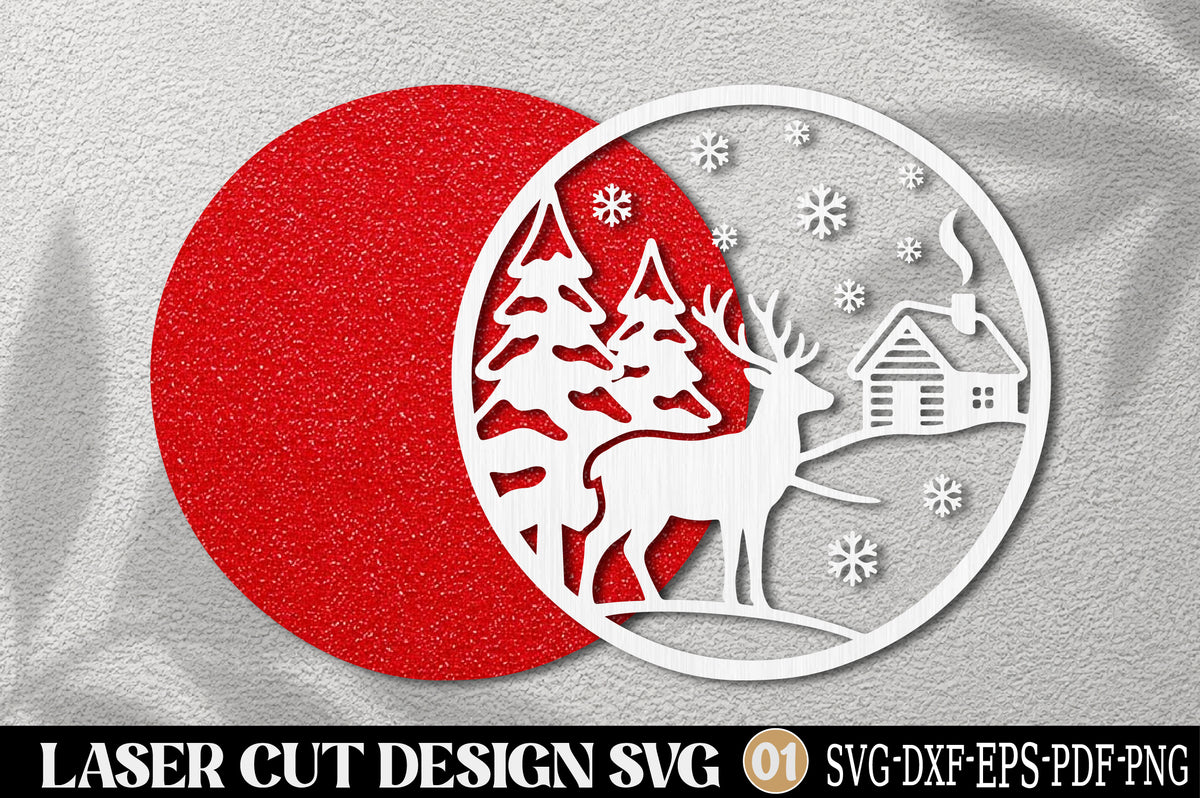 Christmas Deer Scene Laser Cut SVG | Deer Pine Trees Cabin Winter Ornament