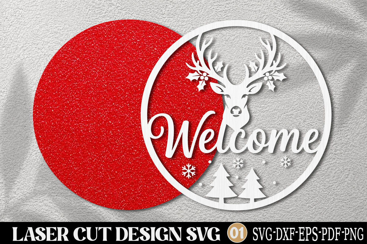 Christmas Deer Welcome Sign Laser Cut SVG | Rustic Reindeer Holiday Door Sign