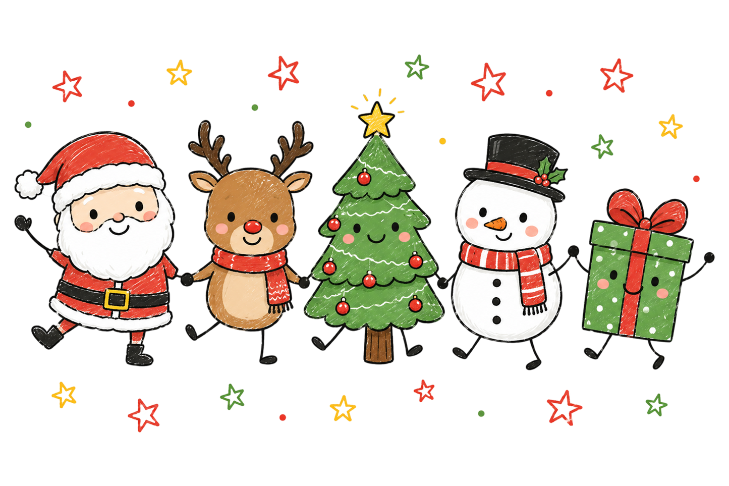 Cute Christmas Doodle Characters PNG, Santa Reindeer Tree Snowman Gift Sublimation