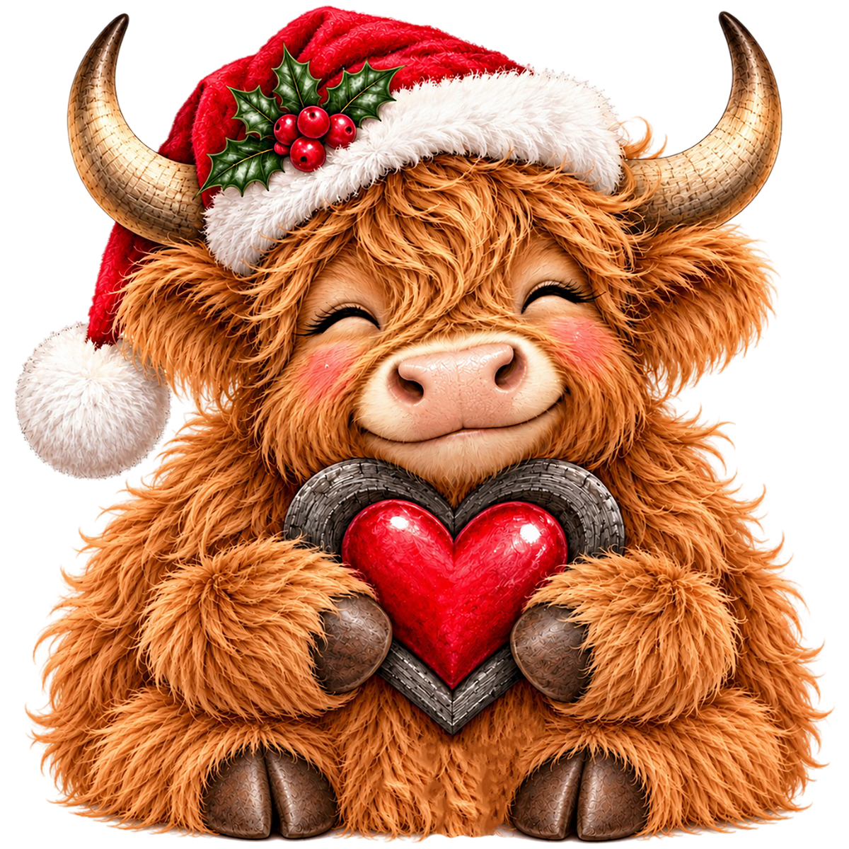 Christmas Highland Cow Heart PNG Sublimation