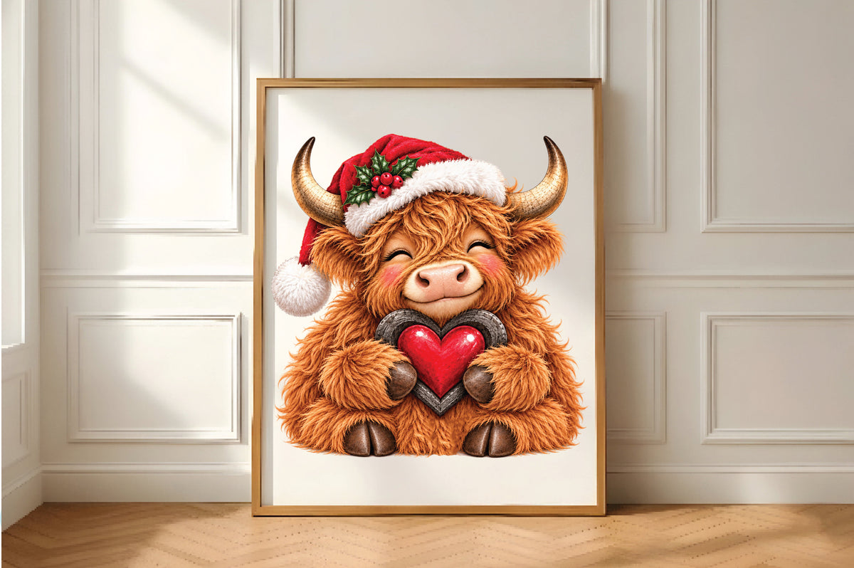 Christmas Highland Cow Heart PNG Sublimation