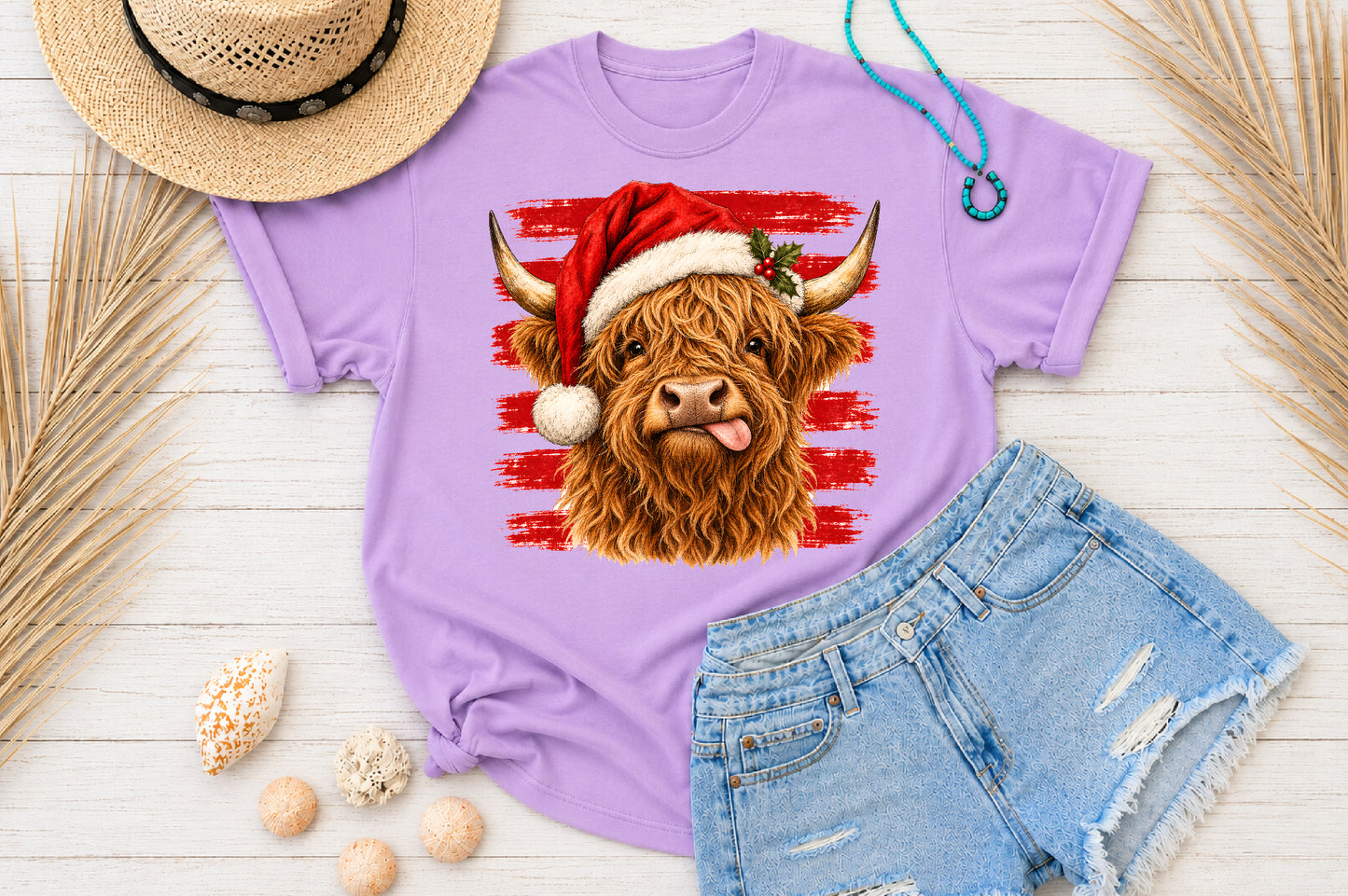 Christmas Highland Cow Santa Hat PNG Sublimation Design