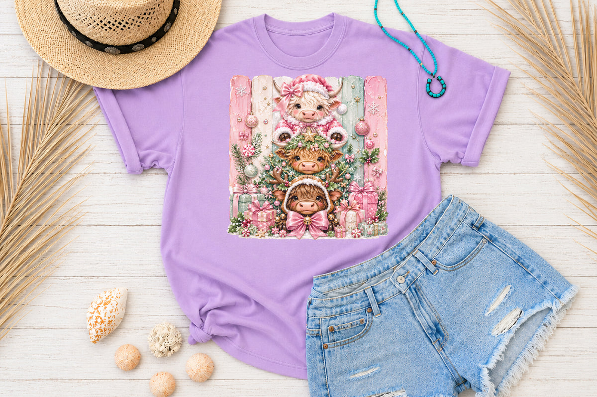 Christmas Highland Cow PNG Pink Christmas Cow Cute Winter Sublimation Design