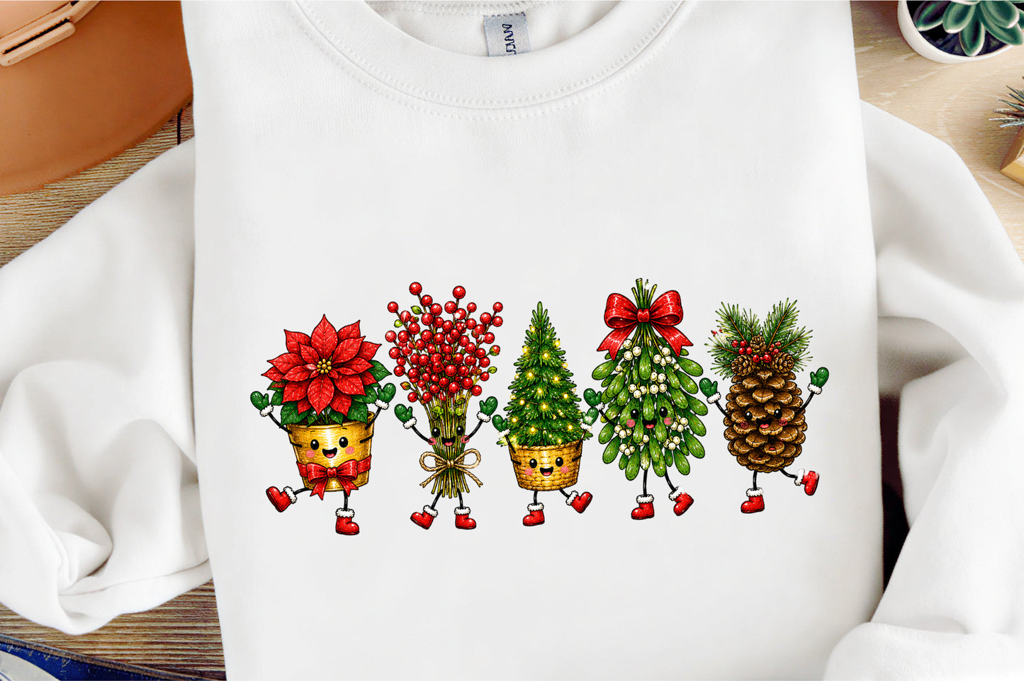 Christmas Holiday Plants PNG Poinsettia Pine Tree Mistletoe Doodle