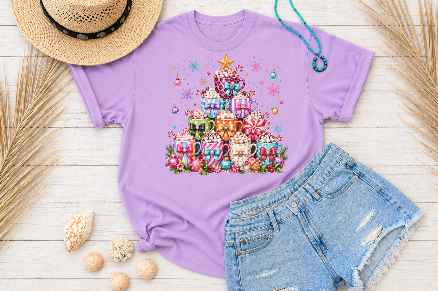Christmas Hot Cocoa Mug Tree PNG Colorful Holiday Coffee Cup Sublimation Design