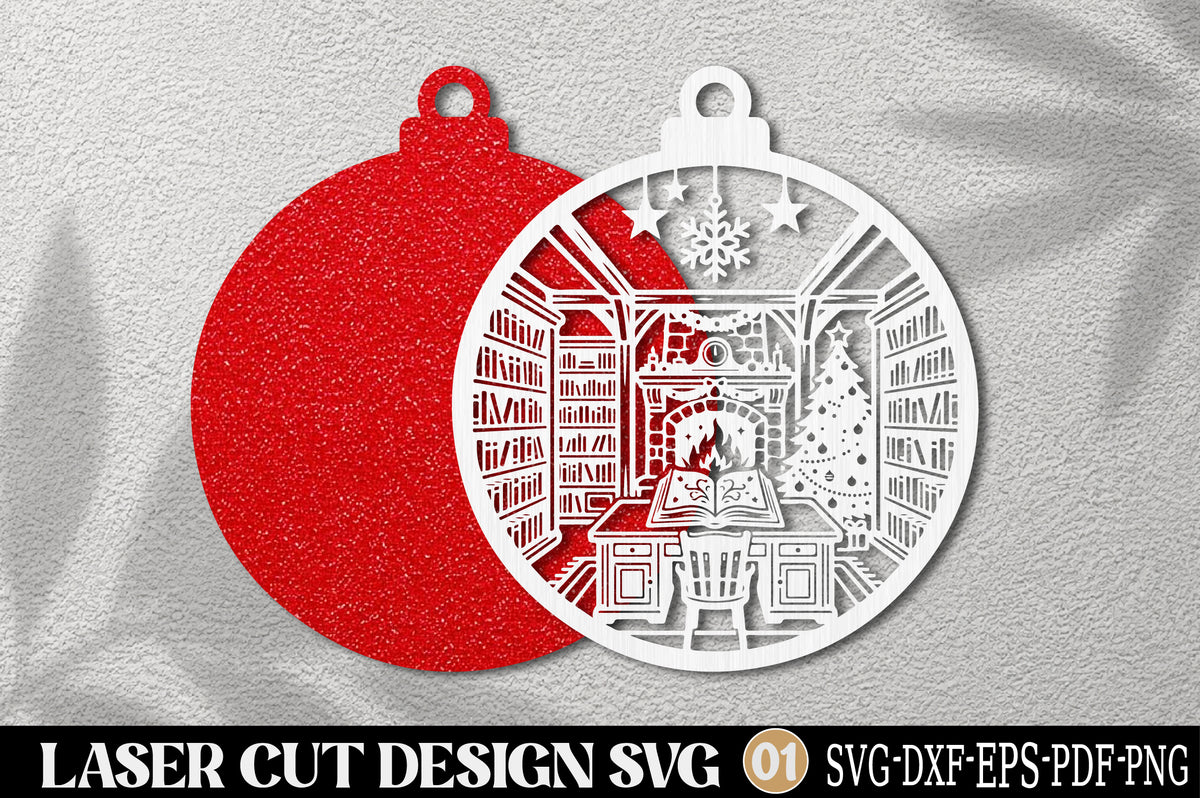 Christmas Library Scene Ornament SVG | Cozy Reading Room Laser Cut Design