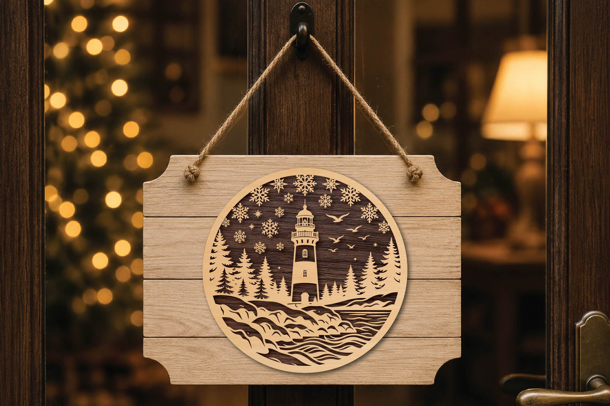 Christmas Lighthouse Laser Cut SVG, Winter Lighthouse Ocean Ornament Cut File, Coastal Christmas Decor