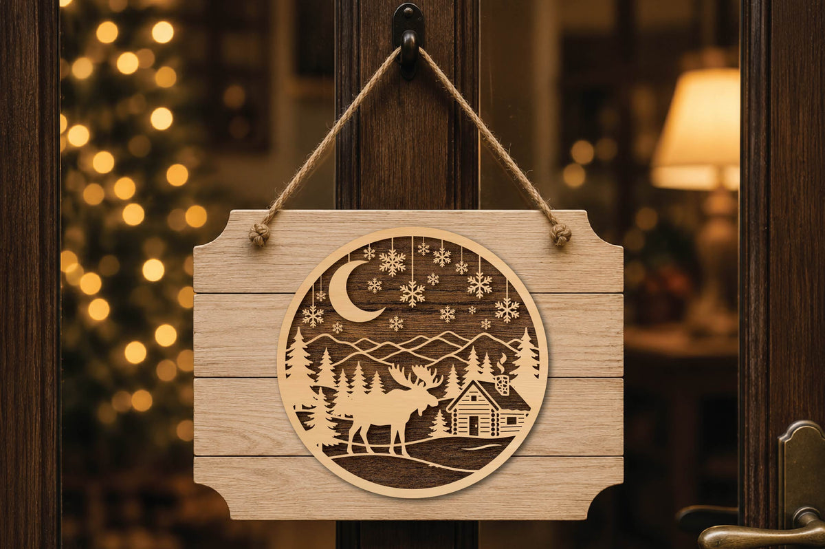 Christmas Moose Cabin Laser Cut SVG, Winter Moose Lodge Ornament Cut File