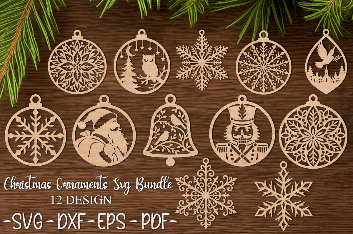 Christmas Ornaments SVG Bundle | 12 Christmas Laser Cut Ornament Designs