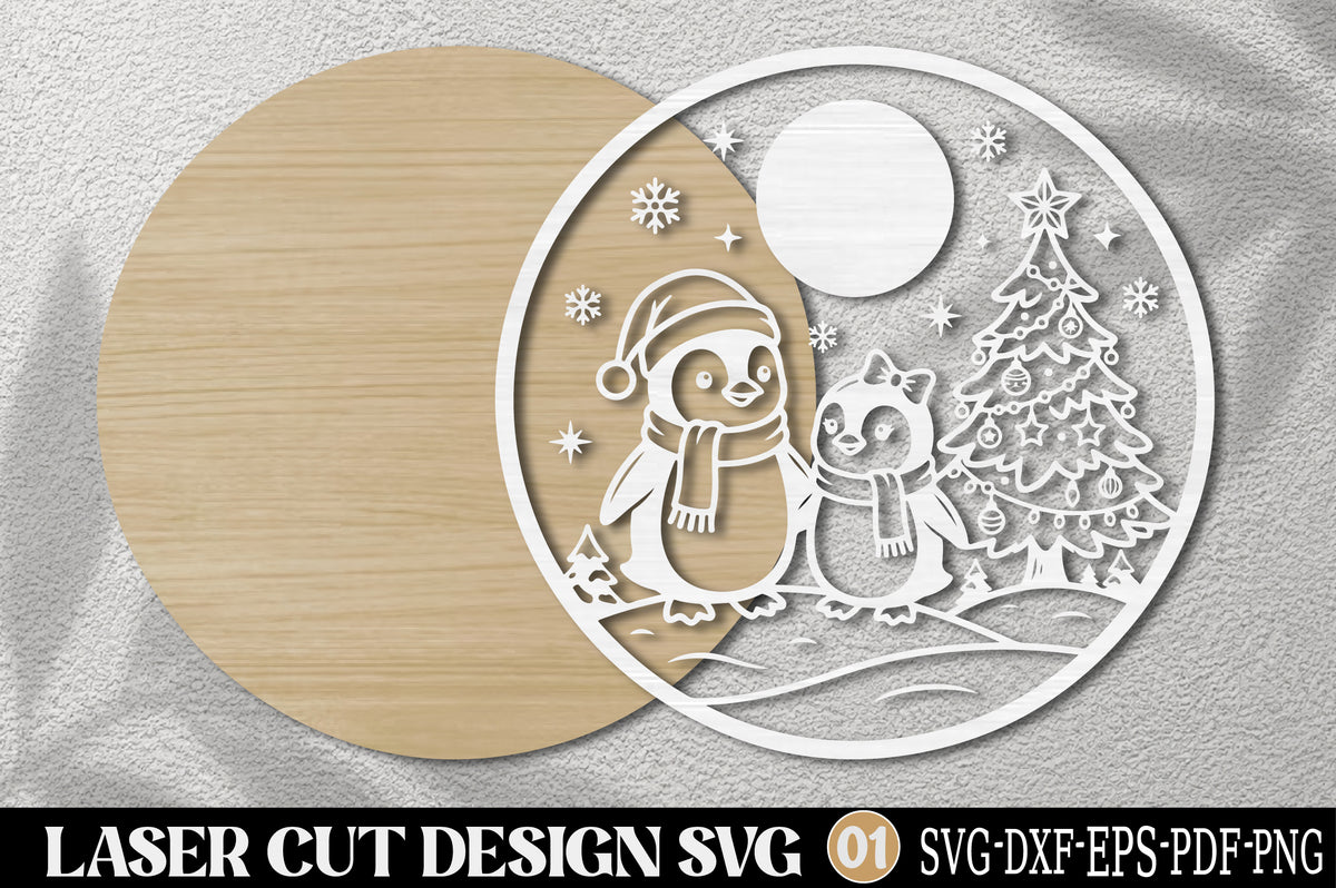 Christmas Penguin Family Ornament SVG | Cute Winter Penguin Laser Cut Design