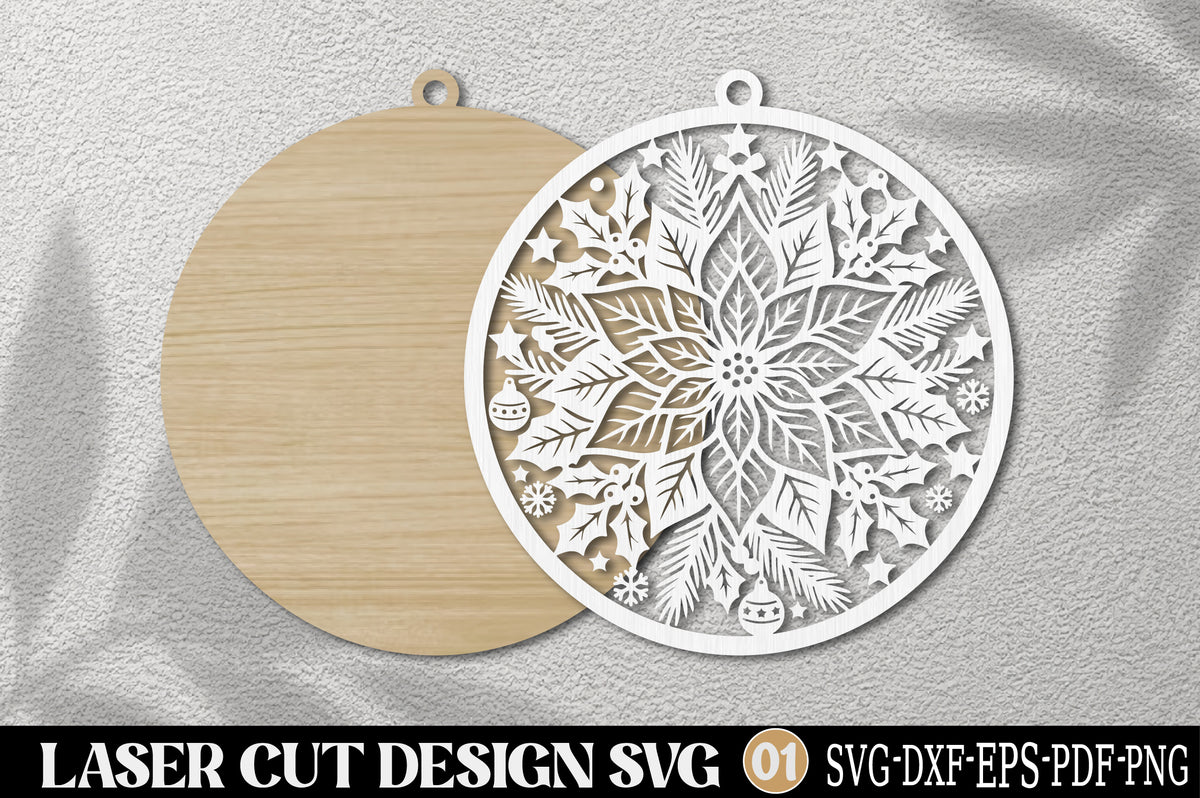 Christmas Poinsettia Ornament SVG | Floral Winter Holiday Laser Cut Design