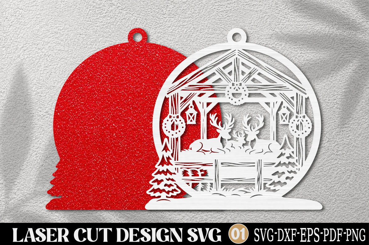 Christmas Reindeer Barn Snow Globe SVG | Rustic Winter Laser Cut Ornament