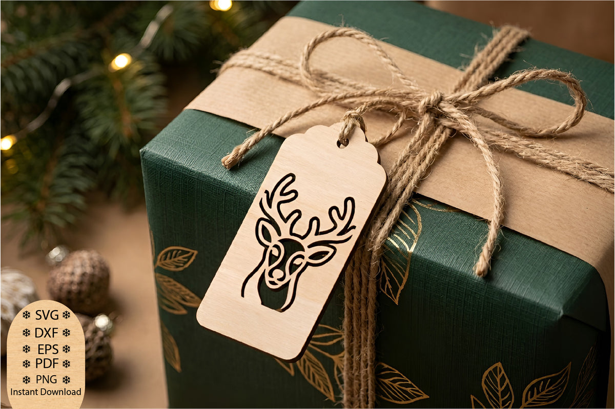 Christmas Reindeer Gift Tag Laser Cut SVG, Reindeer Gift Tag Cut File, Christmas Gift Tag SVG, Holiday Packaging Design