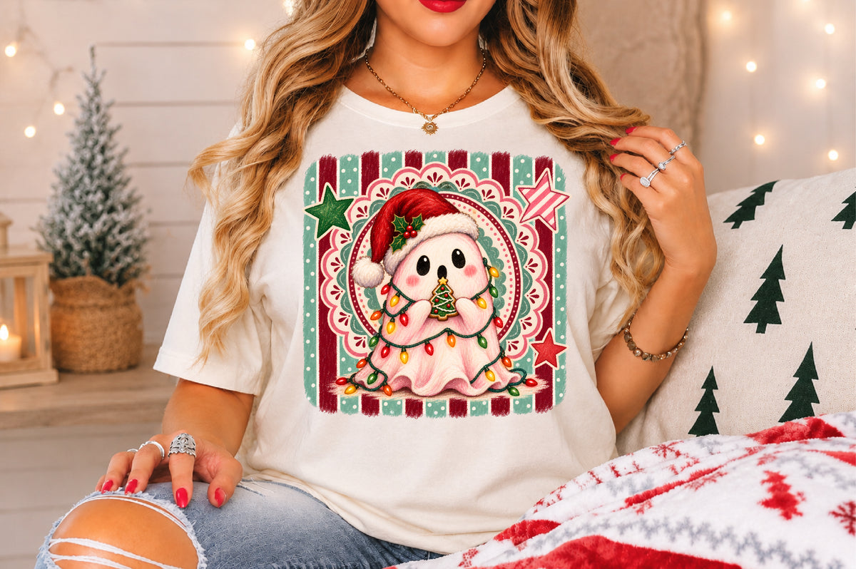 Cute Christmas Ghost PNG Santa Hat Holiday Lights Cookie Sublimation