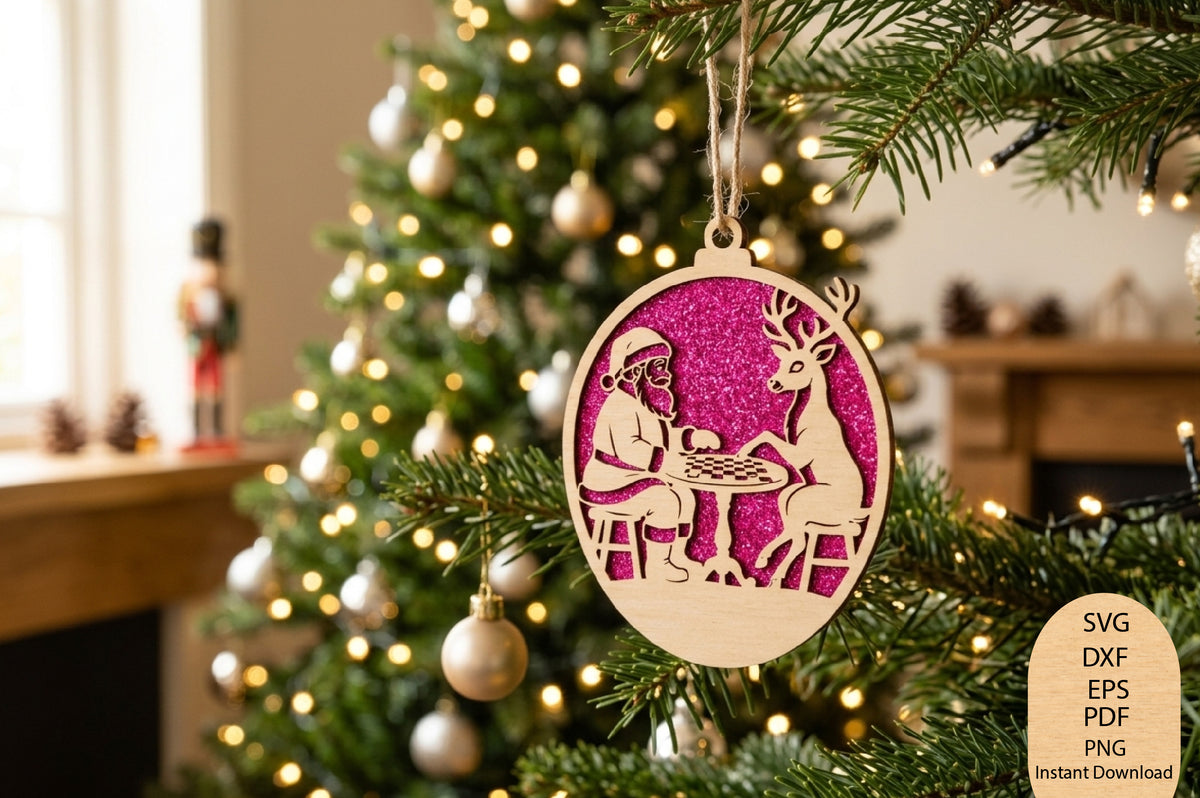 Christmas Santa Reindeer Ornament Laser Cut SVG, Santa Reindeer Christmas Ornament Cut File