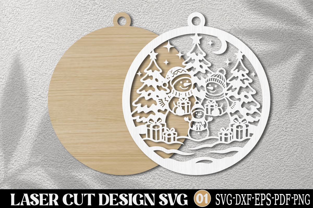 Christmas Snowman Family Ornament SVG | Cute Winter Laser Cut Design