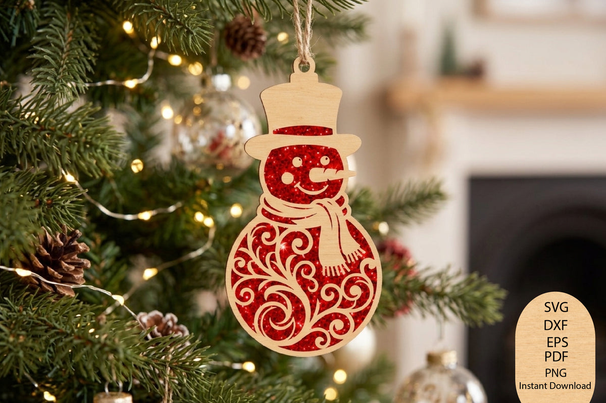 Christmas Snowman Ornament Laser Cut SVG, Snowman Christmas Ornament Cut File