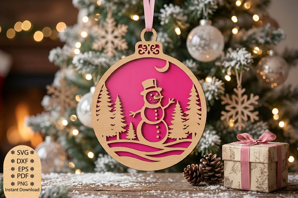 Christmas Snowman Ornament Laser Cut SVG, Snowman Christmas Tree Ornament Cut File, Winter Snowman SVG Design